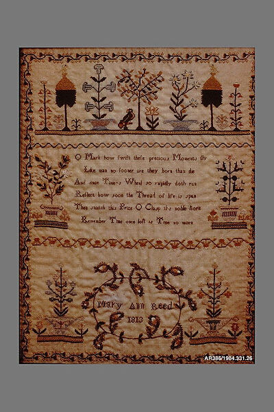 Embroidered sampler, Mary Ann Reed, Embroidered silk on wool, British 