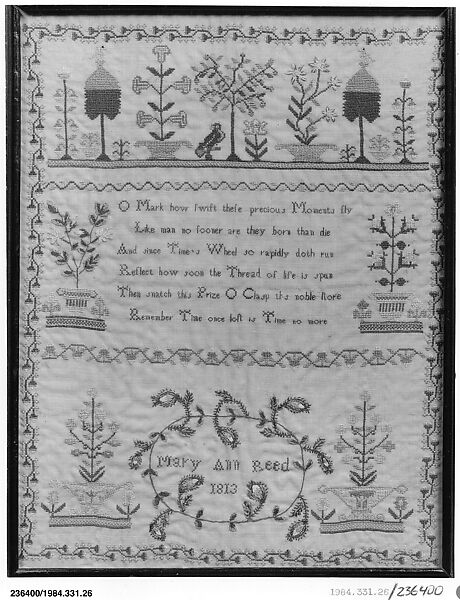 Embroidered sampler, Mary Ann Reed, Embroidered silk on wool, British