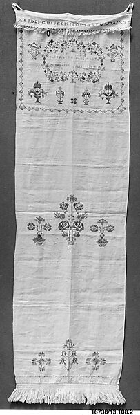 Embroidered Show Towel, Elizabeth den Linger, Linen embroidered with wool, American 