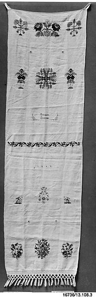 Embroidered Show Towel, Elizabeth den Linger, Linen embroidered with wool, American 