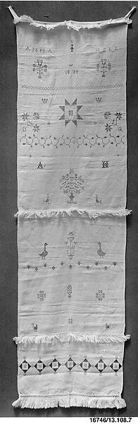 Embroidered Show Towel, Anna Herr, Linen embroidered with silk and cotton, American 