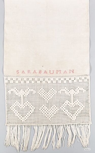 Show Towel, Sara Bauman, Linen embroidered with cotton, American 