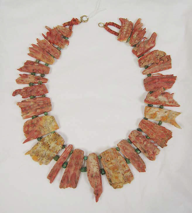 Necklace, coral, turquoise, cotton, Indigenous American (Pre-Columbian) 
