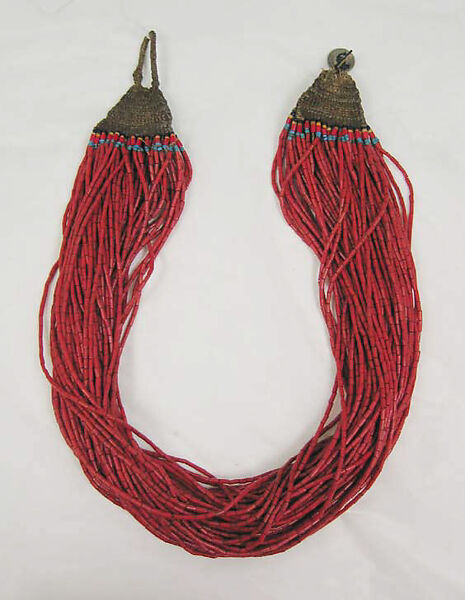 Necklace, coral, stone, waxed cotton, metal, Indian (Naga) 