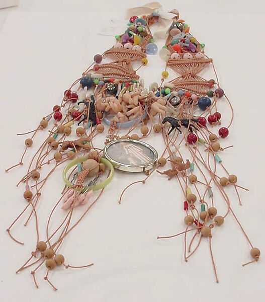 Necklace, plastic, cotton, metal, wood, American