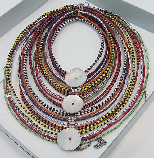 Necklace, glass, metal, shell, African (Maasai peoples) 