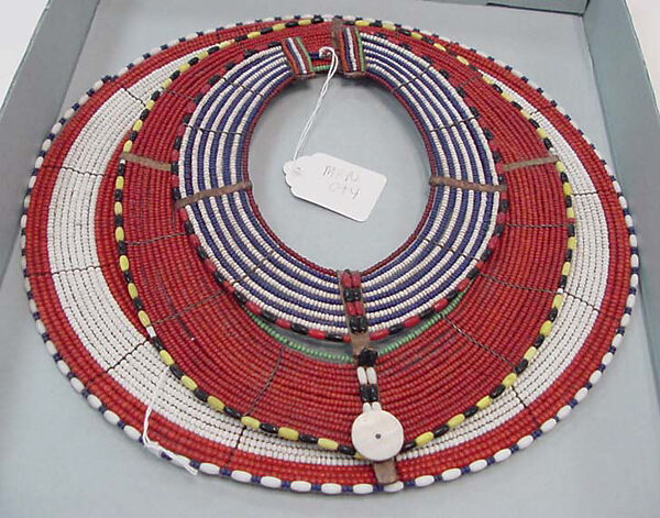 Necklace, glass, metal, leather, shell, African (Maasai peoples) 