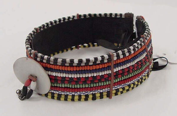 Bracelet, glass, cotton, leather, metal, shell, African (Maasai peoples) 