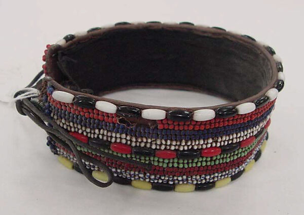 Bracelet, glass, cotton, leather, metal, African (Maasai peoples) 