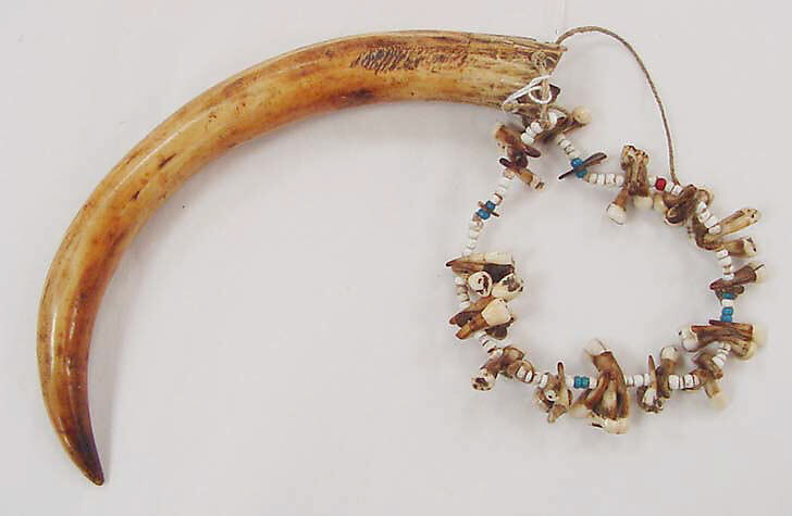 Necklace, glass, teeth, cotton, bone, Indian 