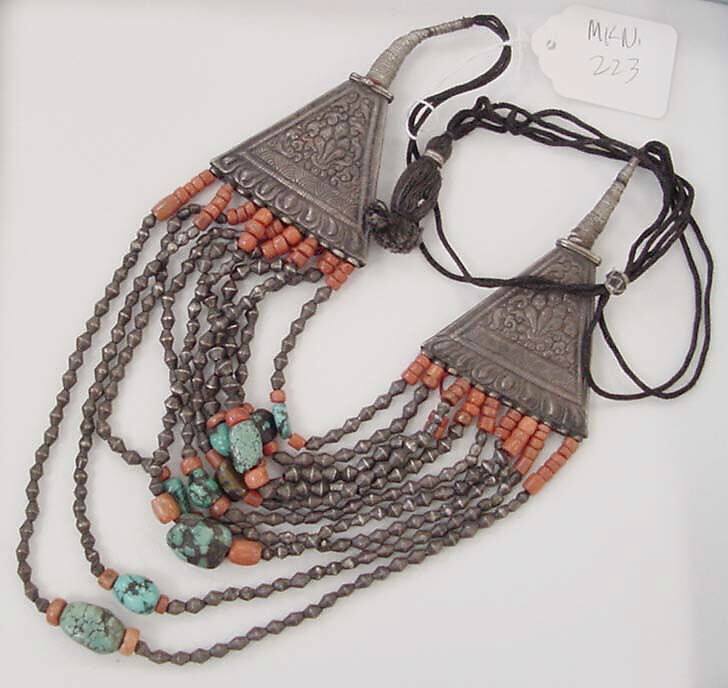 Necklace, Metal, coral, and turquoise with silk, Tibetan 