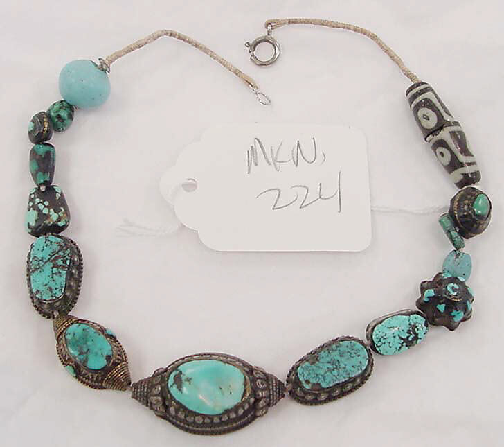 Necklace, turquoise, metal, glass, cotton, Tibetan 