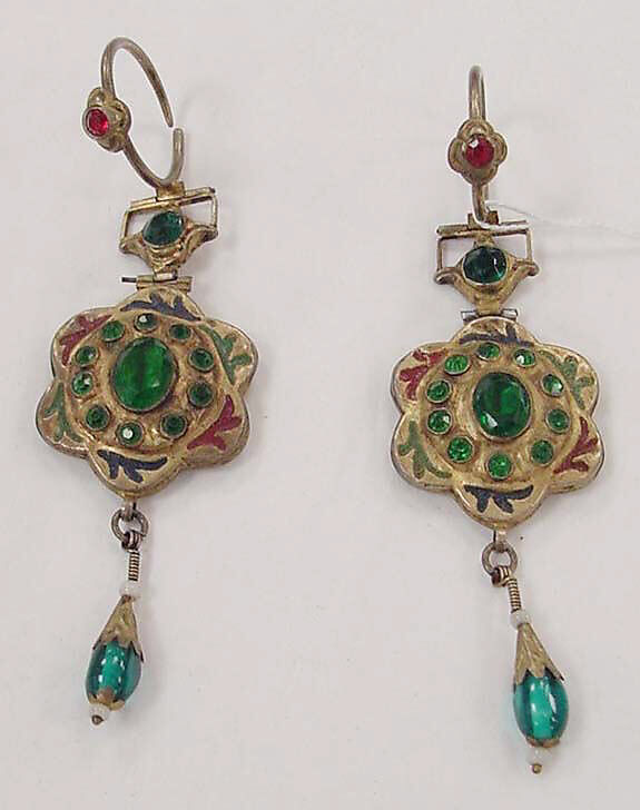 Earrings, metal, stone, Indian 