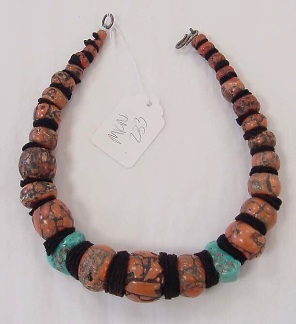 Necklace, coral, turquoise, felt, metal, Nepalese 