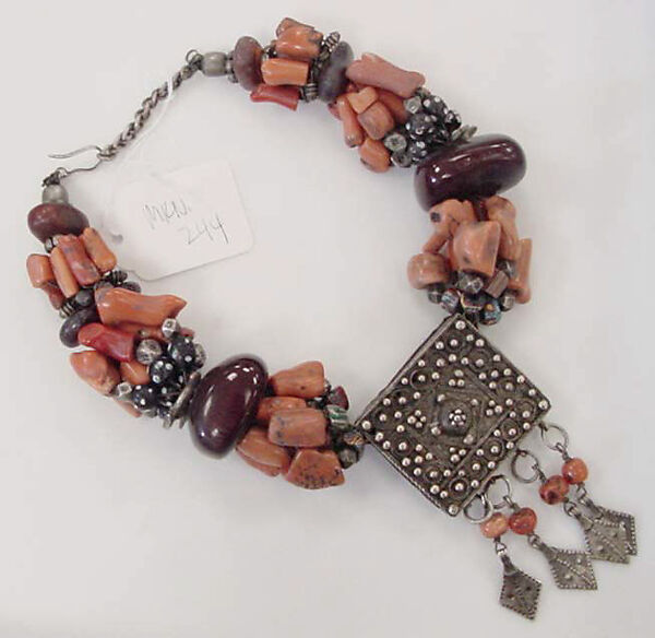 Necklace, silver, coral, carnelian, ceramic, Moroccan 