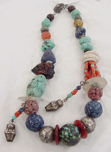 Necklace, glass, silver, turquoise, stone, coral, cobalt, amber, ivory, cotton, Tibet 