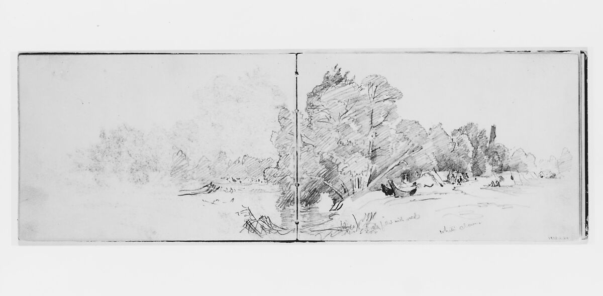 Landscape with Trees and Encampment (from Sketchbook X), William Trost Richards (American, Philadelphia, Pennsylvania 1833–1905 Newport, Rhode Island), Graphite on off-white wove paper, American 
