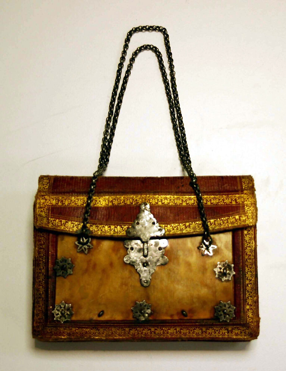 Reticule, leather, tortoise shell, metal, French