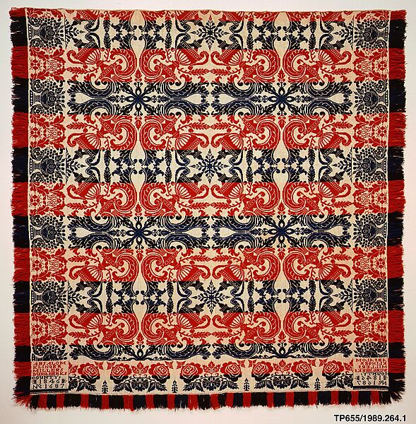 Coverlet, Absalom Klinger, Cotton warp, cotton and wool weft, woven, American