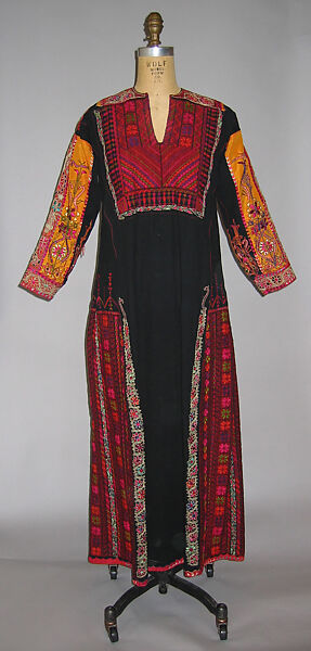 Dress, Cotton, silk, metal wrapped thread; embroidered 
