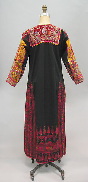 Dress, Cotton, silk, metal wrapped thread; embroidered