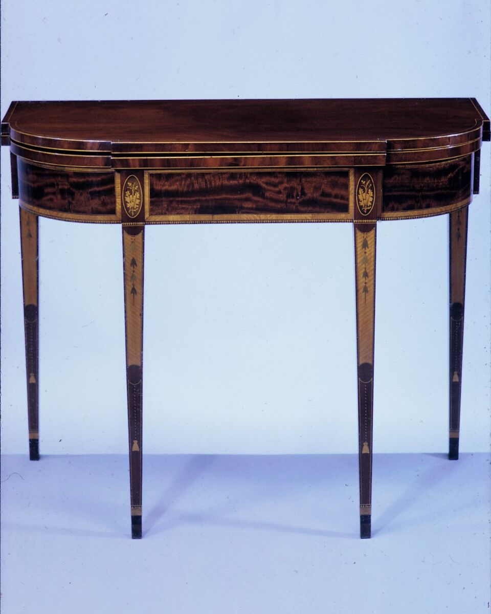 Card table, Mahogany, satinwood, sycamore, holly with oak, yellow poplar, American