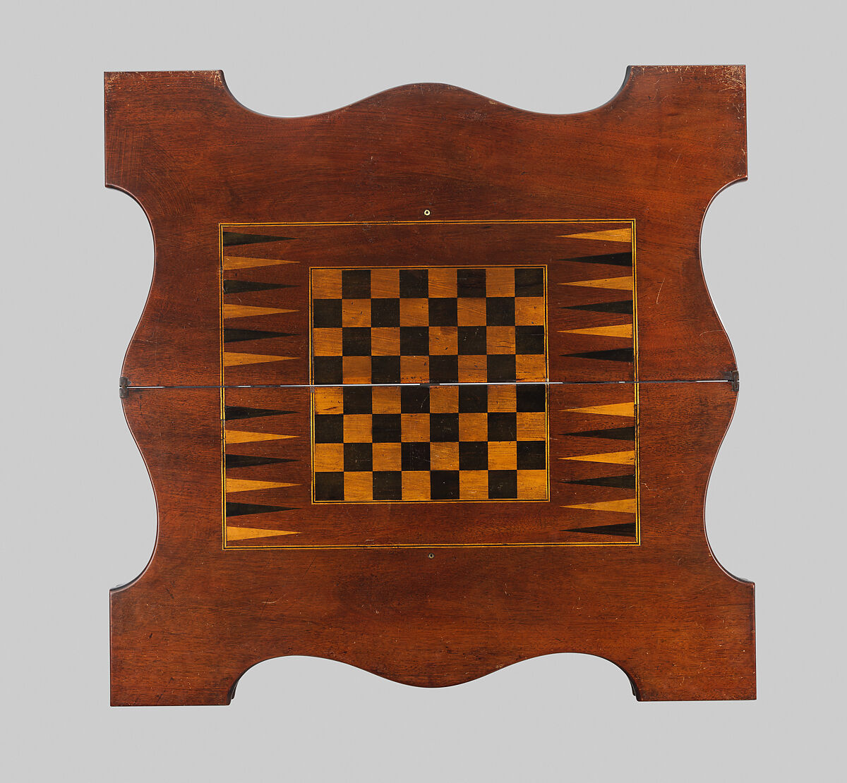 Card and backgammon table, Mahogany, mahogany veneer, inlaid maple, beech, yellow poplar, white pine; brass, American