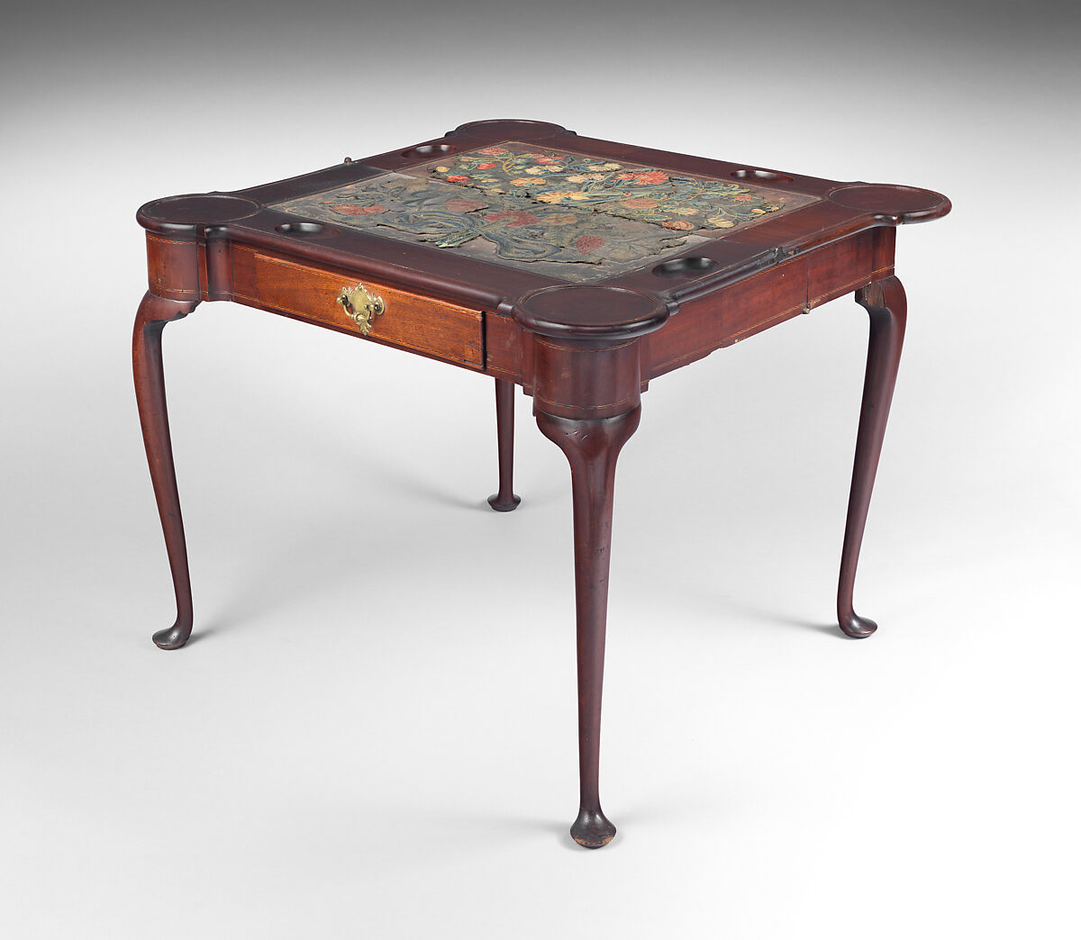 Card Table, Mahogany, cherry, pine, and needlework upholstery, American