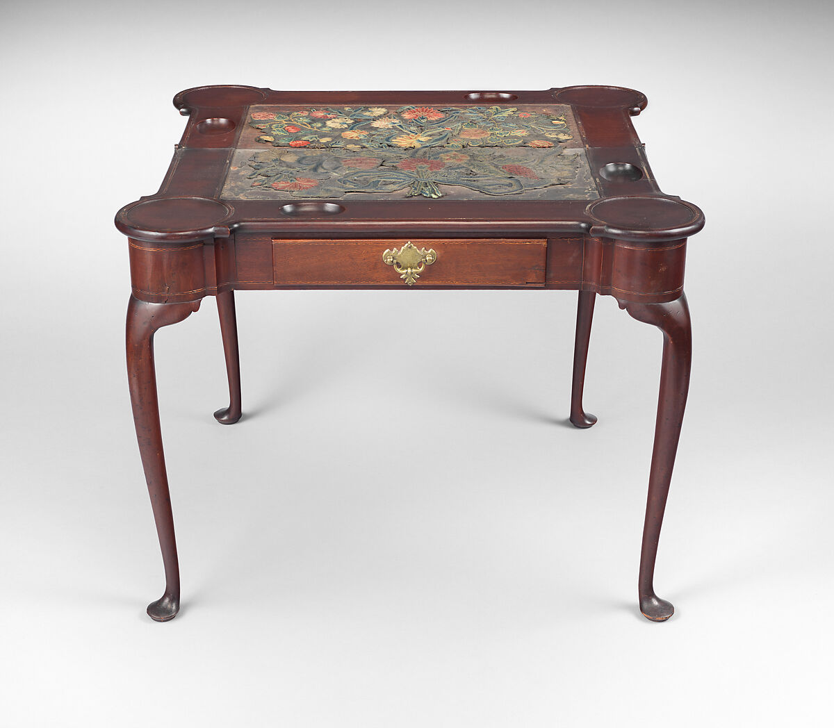 Card Table, Mahogany, cherry, pine, and needlework upholstery, American