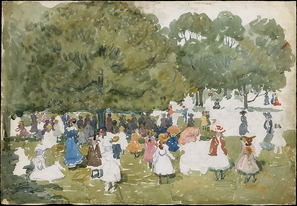 Pedestrians in a Park, Maurice Brazil Prendergast  (American, St. John’s, Newfoundland 1858–1924 New York), Watercolor and graphite on off-white wove paper, American 