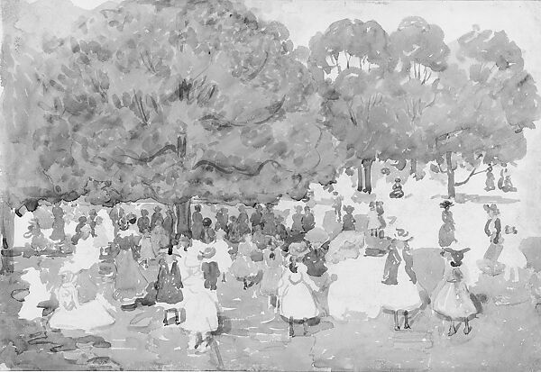 Pedestrians in a Park, Maurice Brazil Prendergast  (American, St. John’s, Newfoundland 1858–1924 New York), Watercolor and graphite on off-white wove paper, American