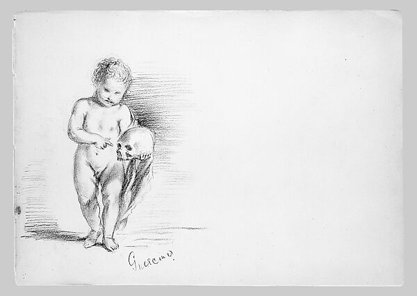 Child Holding Skull (from "Splendid Mountain Watercolours" Sketchbook), John Singer Sargent (American, Florence 1856–1925 London), Charcoal on off-white wove paper, American