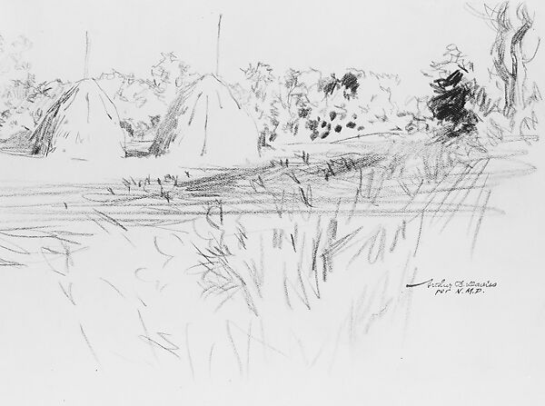 Haystacks in Amagansett, Long Island, Arthur B. Davies (American, Utica, New York 1862–1928 Florence), Graphite on off-white wove paper, American 