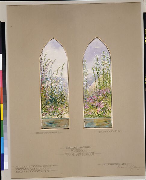 Suggestion for window, Mr. C. H. McCormick, Louis C. Tiffany (American, New York 1848–1933 New York), Transparent and opaque watercolor, graphite, and ink on artist board with original mat, American