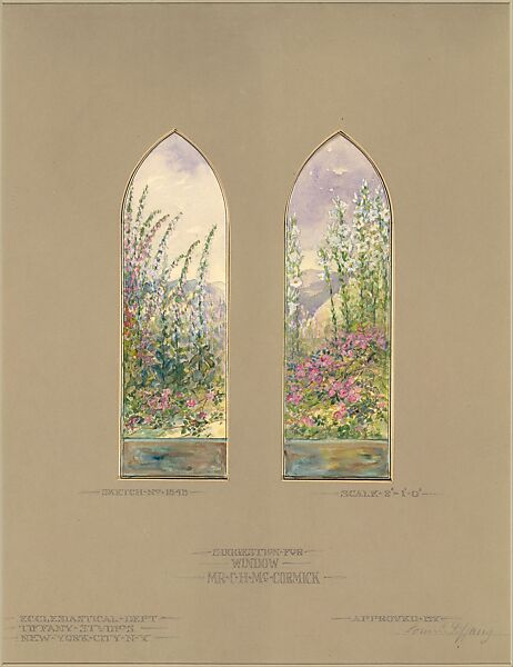 Suggestion for window, Mr. C. H. McCormick, Louis C. Tiffany (American, New York 1848–1933 New York), Transparent and opaque watercolor, graphite, and ink on artist board with original mat, American