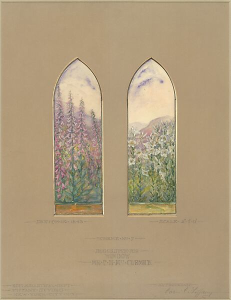 Suggestion for window, Mr. C. H. McCormick, Louis C. Tiffany (American, New York 1848–1933 New York), Transparent and opaque watercolor, graphite, and ink on artist board with original mat, American