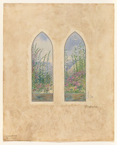 Suggestion for window, Mr. C. H. McCormick, Louis C. Tiffany (American, New York 1848–1933 New York), Transparent and opaque watercolor, graphite, and ink on artist board with original mat, American