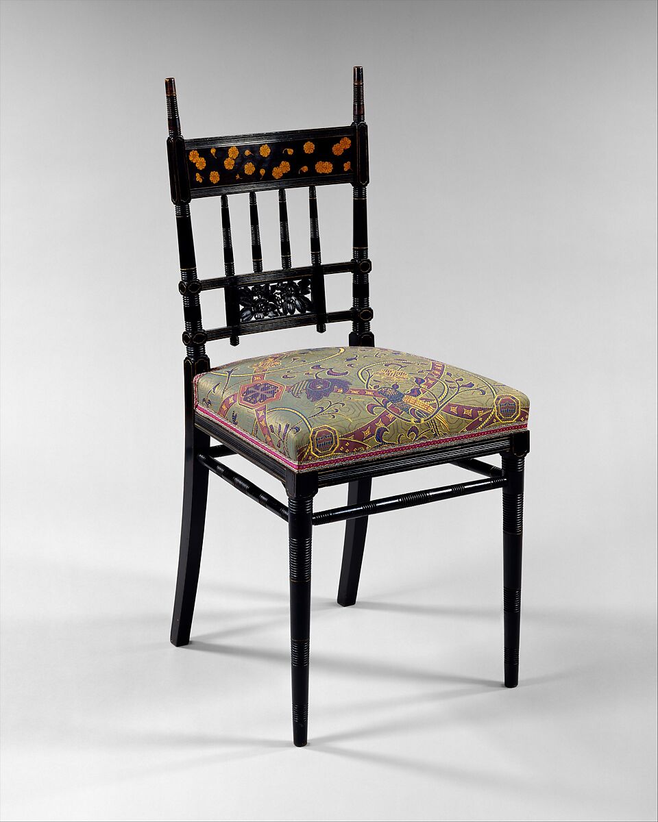 Chair, Herter Brothers (German, active New York, 1864–1906), Ebonized cherry, marquetry of lighter woods, gilding, American 