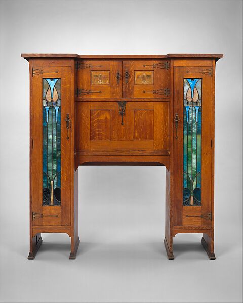 Desk, Stickley Brothers (1891–1954), Quarter-sawn oak, oak veneer, cedar, mahogany, brass,
 copper, pewter, leaded glass, American 