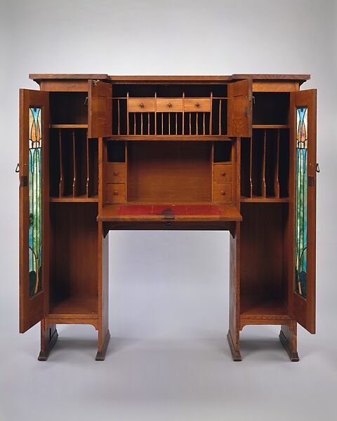Desk, Stickley Brothers (1891–1954), Quarter-sawn oak, oak veneer, cedar, mahogany, brass, copper, pewter, leaded glass, American