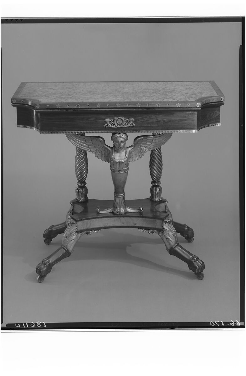 Card Table, Attributed to Charles-Honoré Lannuier (France 1779–1819 New York), Bird's-eye maple, rosewood, satinwood, mahogany, brass; secondary wood: pine, American