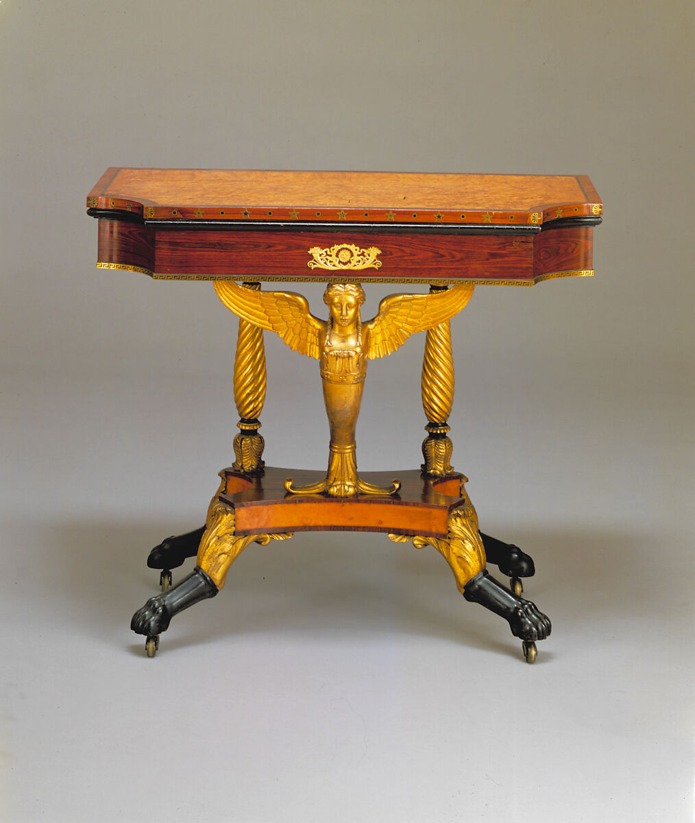 Card Table, Attributed to Charles-Honoré Lannuier (France 1779–1819 New York), Bird's-eye maple, rosewood, satinwood, mahogany, brass; secondary wood: pine, American 