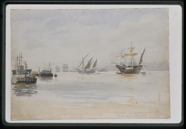 Caravels and Warships, North River from 96th Street; May 3, 1893, Reynolds Beal (1867–1951), Graphite and watercolor on off-white wove paper, American