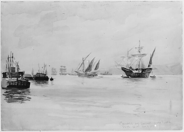 Caravels and Warships, North River from 96th Street; May 3, 1893, Reynolds Beal (1867–1951), Graphite and watercolor on off-white wove paper, American
