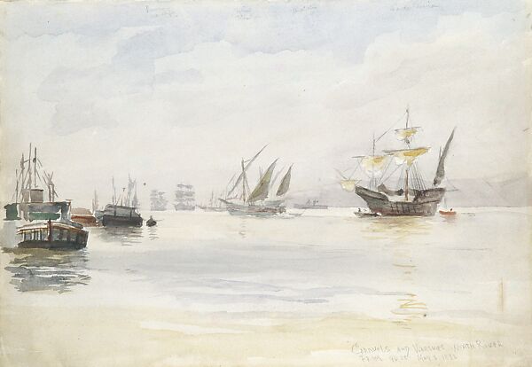 Caravels and Warships, North River from 96th Street; May 3, 1893, Reynolds Beal (1867–1951), Graphite and watercolor on off-white wove paper, American 