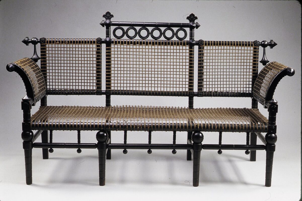 Settee, George Jakob Hunzinger (1835–1898), Ebonized cherry, fabric-covered steel mesh, American 