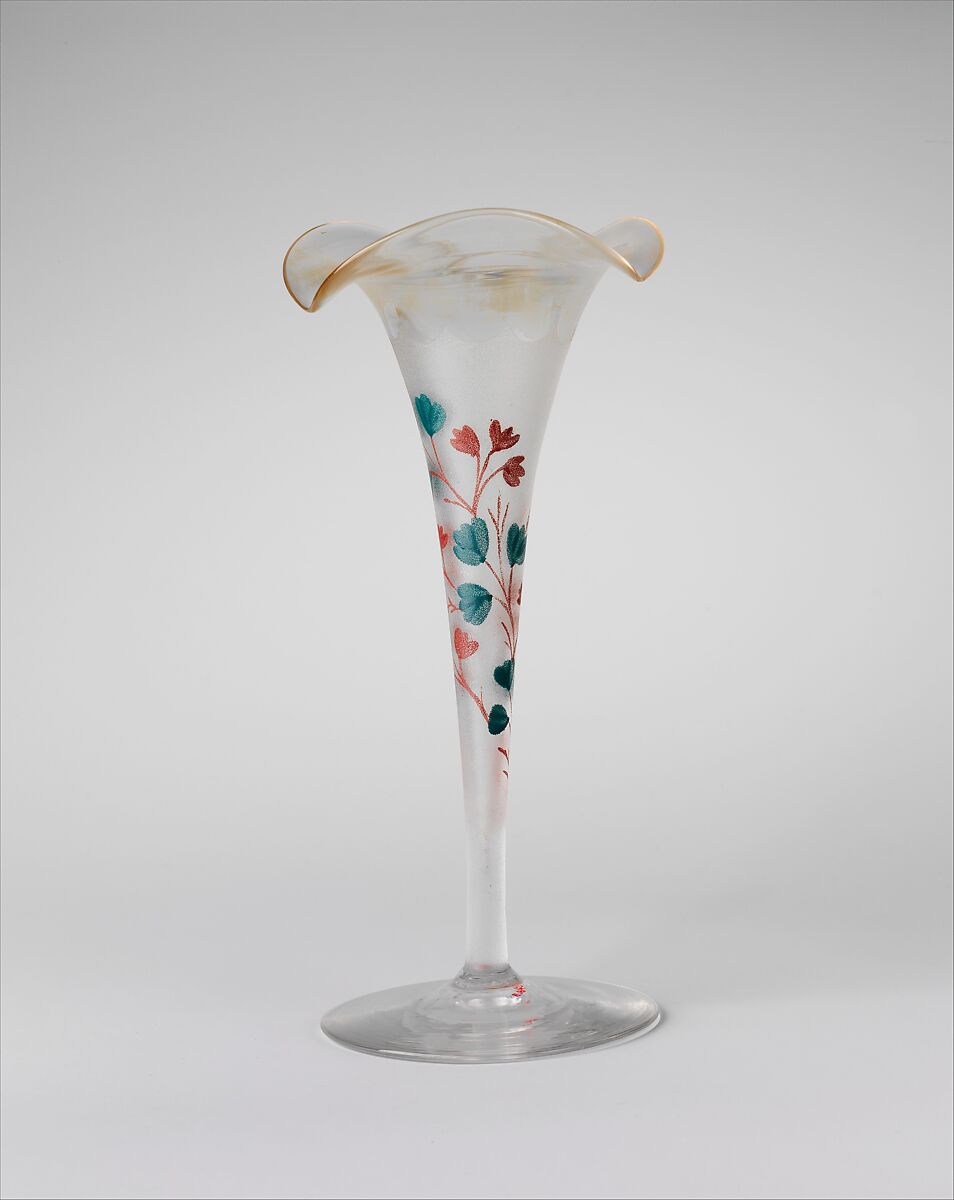 Vase, New England Glass Company (American, East Cambridge, Massachusetts, 1818–1888), Blown, etched, and enameled Pomona glass, American 