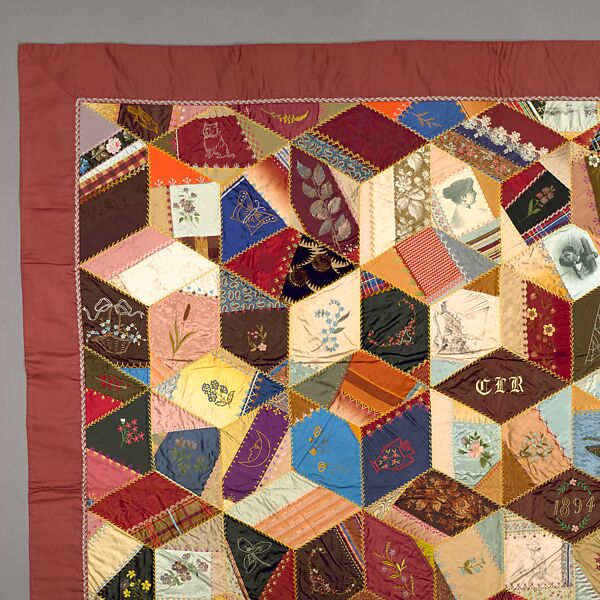 Quilt, Crazy pattern, Clara Louise Roscoe (born 1828), Silk, silk thread, metallic thread, chenille, ink, and oil paint, American