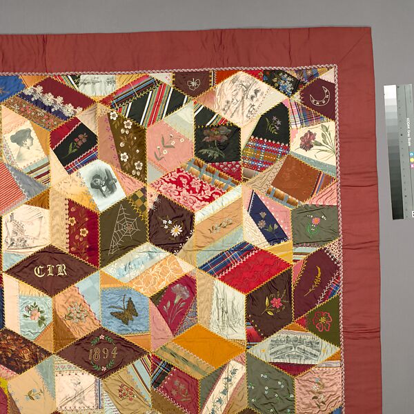 Quilt, Crazy pattern, Clara Louise Roscoe (born 1828), Silk, silk thread, metallic thread, chenille, ink, and oil paint, American