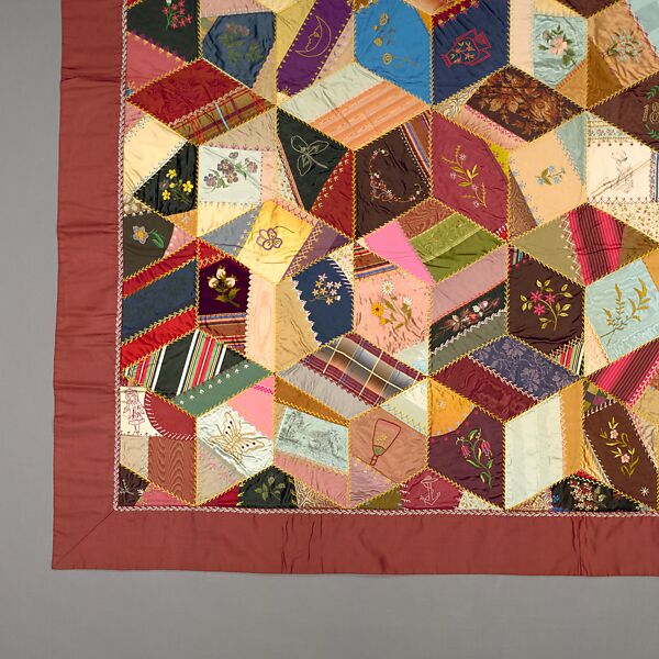Quilt, Crazy pattern, Clara Louise Roscoe (born 1828), Silk, silk thread, metallic thread, chenille, ink, and oil paint, American